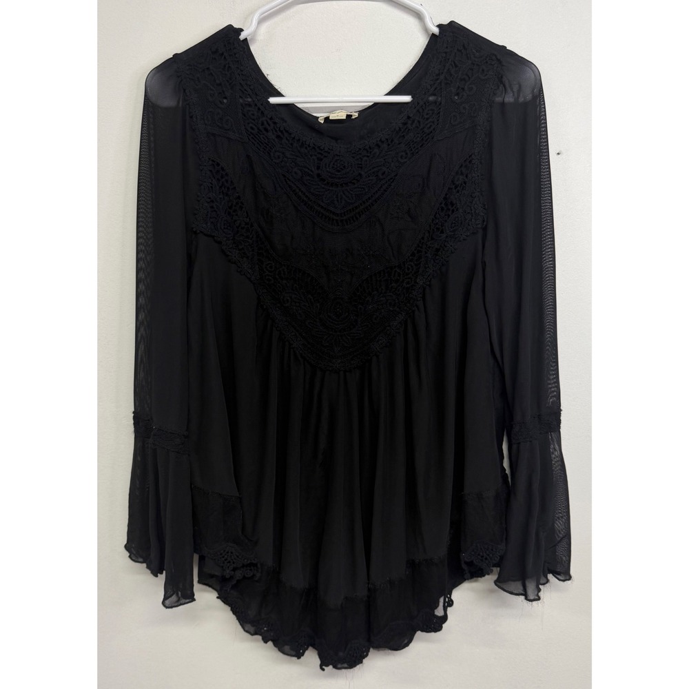 Ultra Pink Womens Black Mesh Crochet‎ Lace Bell Sleeve Boho Blouse Size M